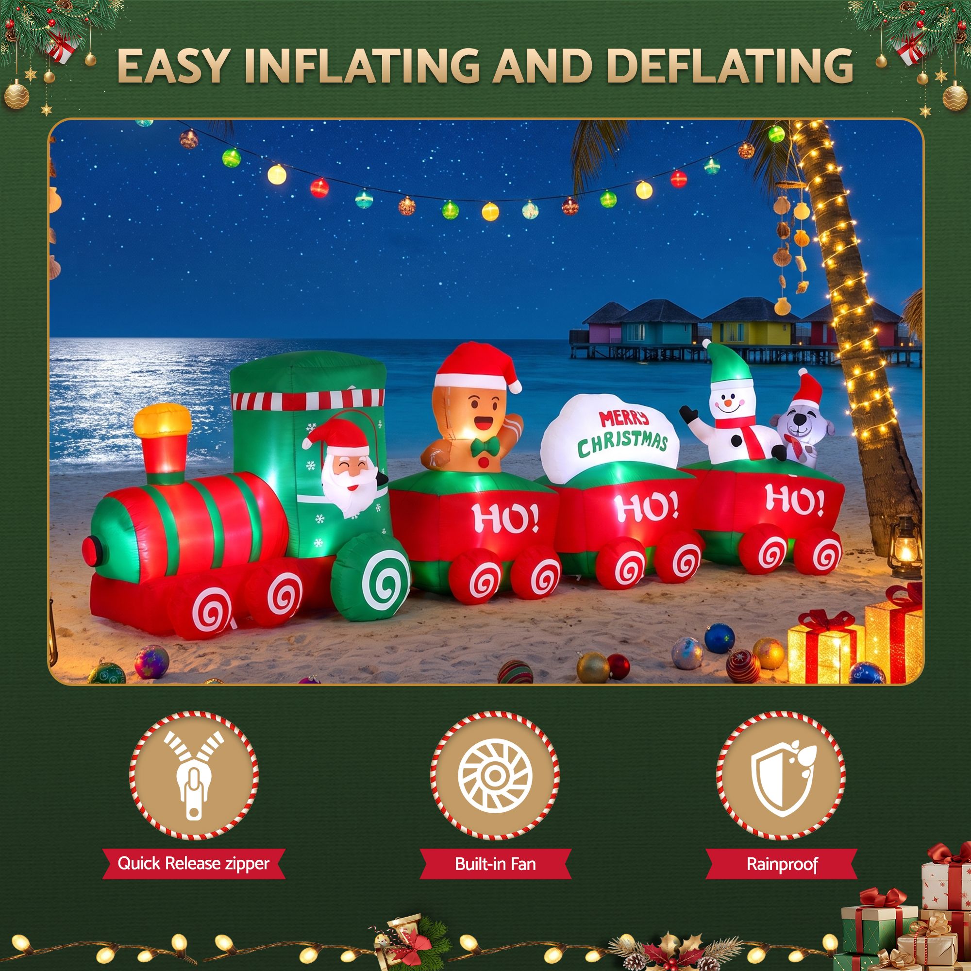 3.65M Santa Christmas Train Inflatable with Gingerbread Man, Snowman & Penguin