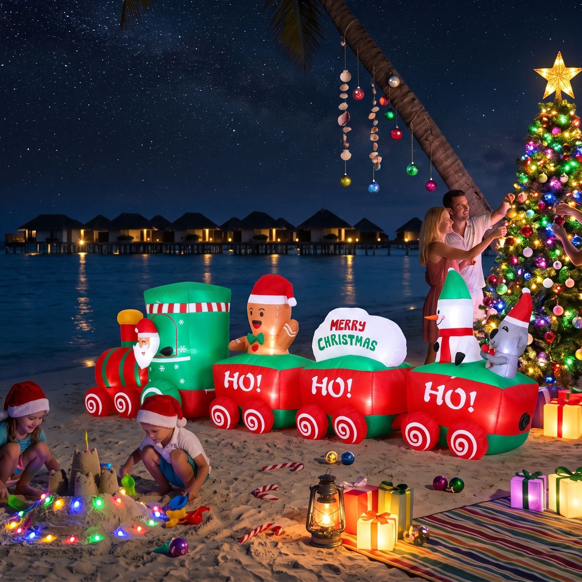 3.65M Santa Christmas Train Inflatable with Gingerbread Man, Snowman & Penguin