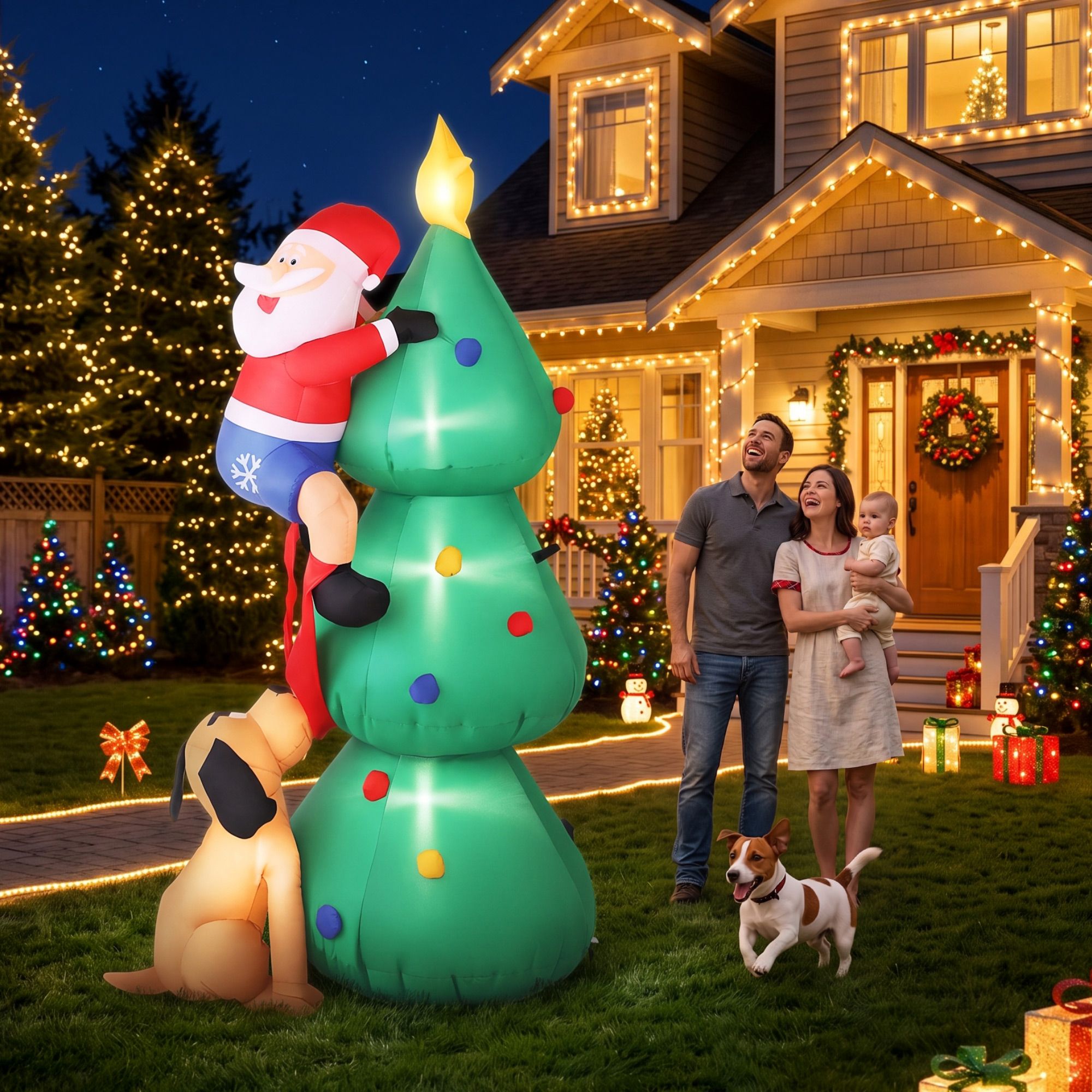 1.8M Inflatable Santa Climbing Christmas Tree with Dog & LED Lights
