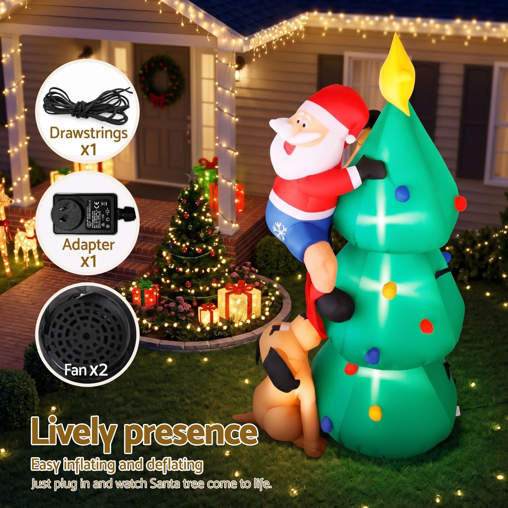 1.8M Inflatable Santa Climbing Christmas Tree with Dog & LED Lights