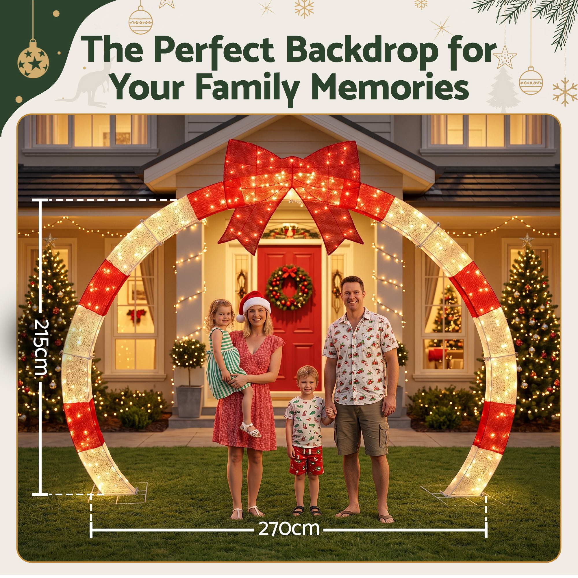 2.5M Pre-Lit Christmas Archway with Bow – 330 Warm White LEDs