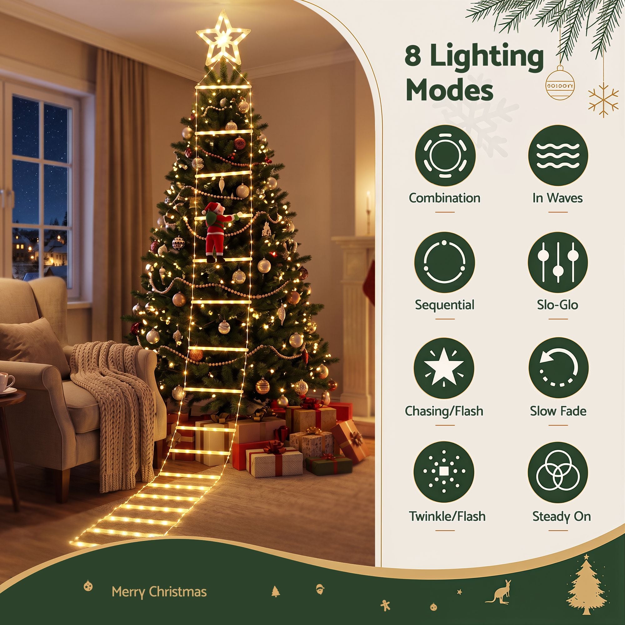 3.4M Climbing Santa Ladder Lights with 328 Warm White LED Lights