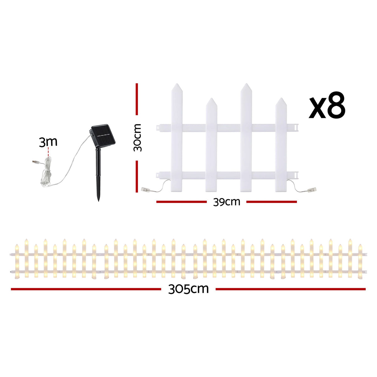 3M Solar Christmas Fence Lights with 128 Warm White LED – 8 Pack