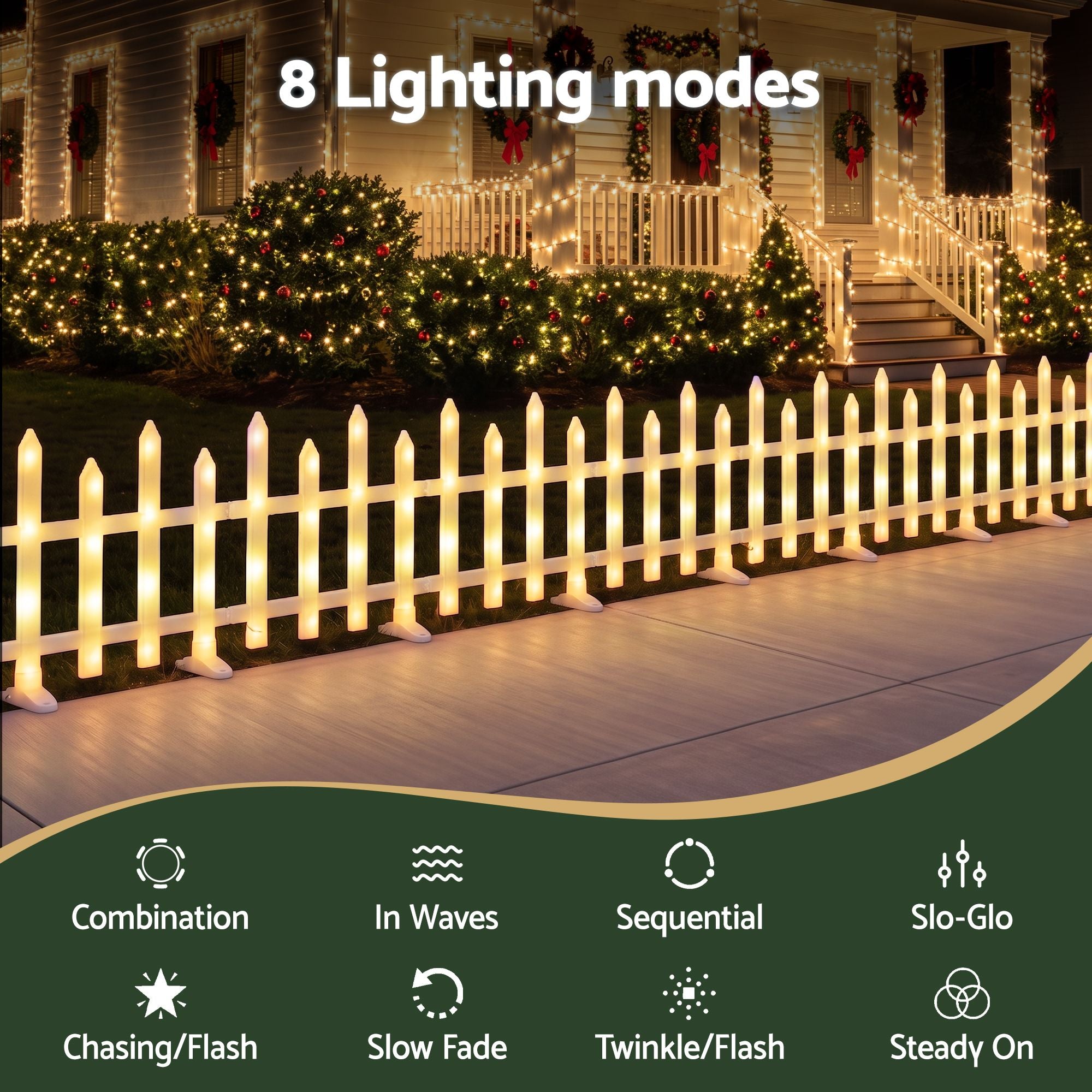 3M Solar Christmas Fence Lights with 128 Warm White LED – 8 Pack