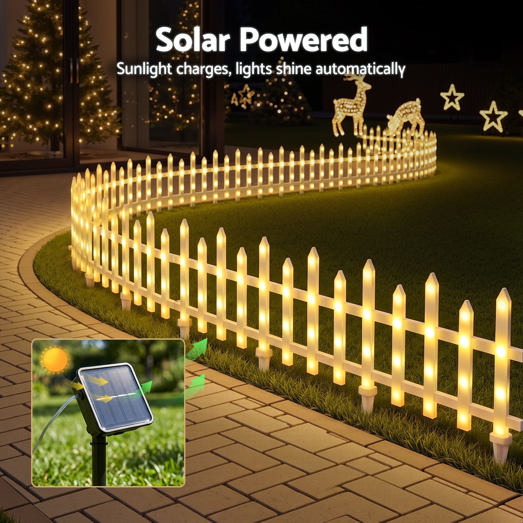 3M Solar Christmas Fence Lights with 128 Warm White LED – 8 Pack
