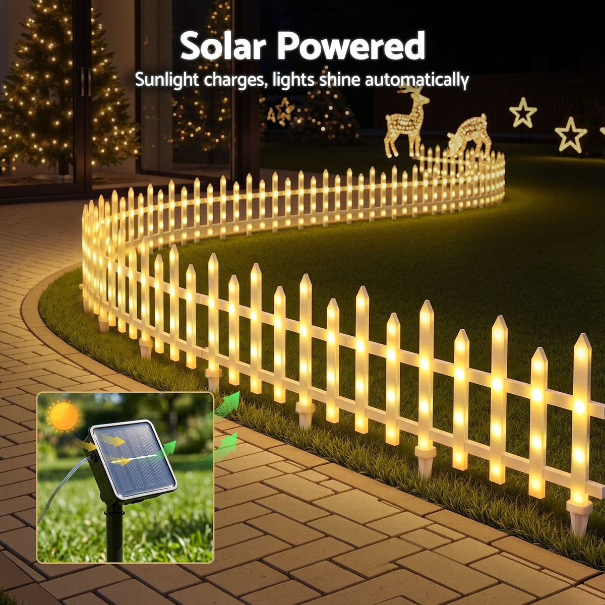 3M Solar Christmas Fence Lights with 128 Warm White LED – 8 Pack