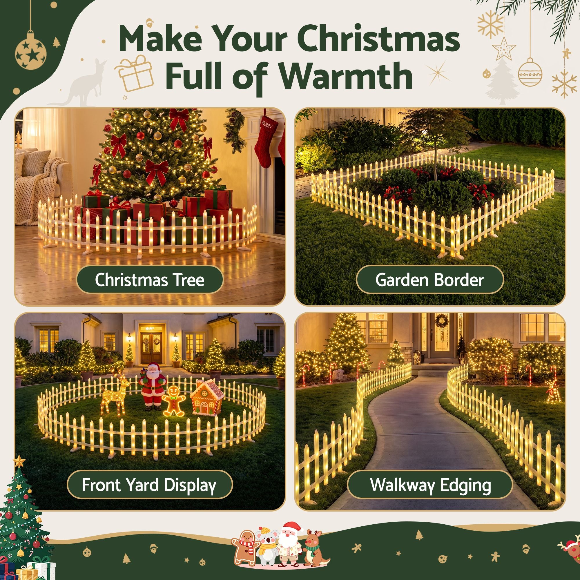 3M Solar Christmas Fence Lights with 128 Warm White LED – 8 Pack