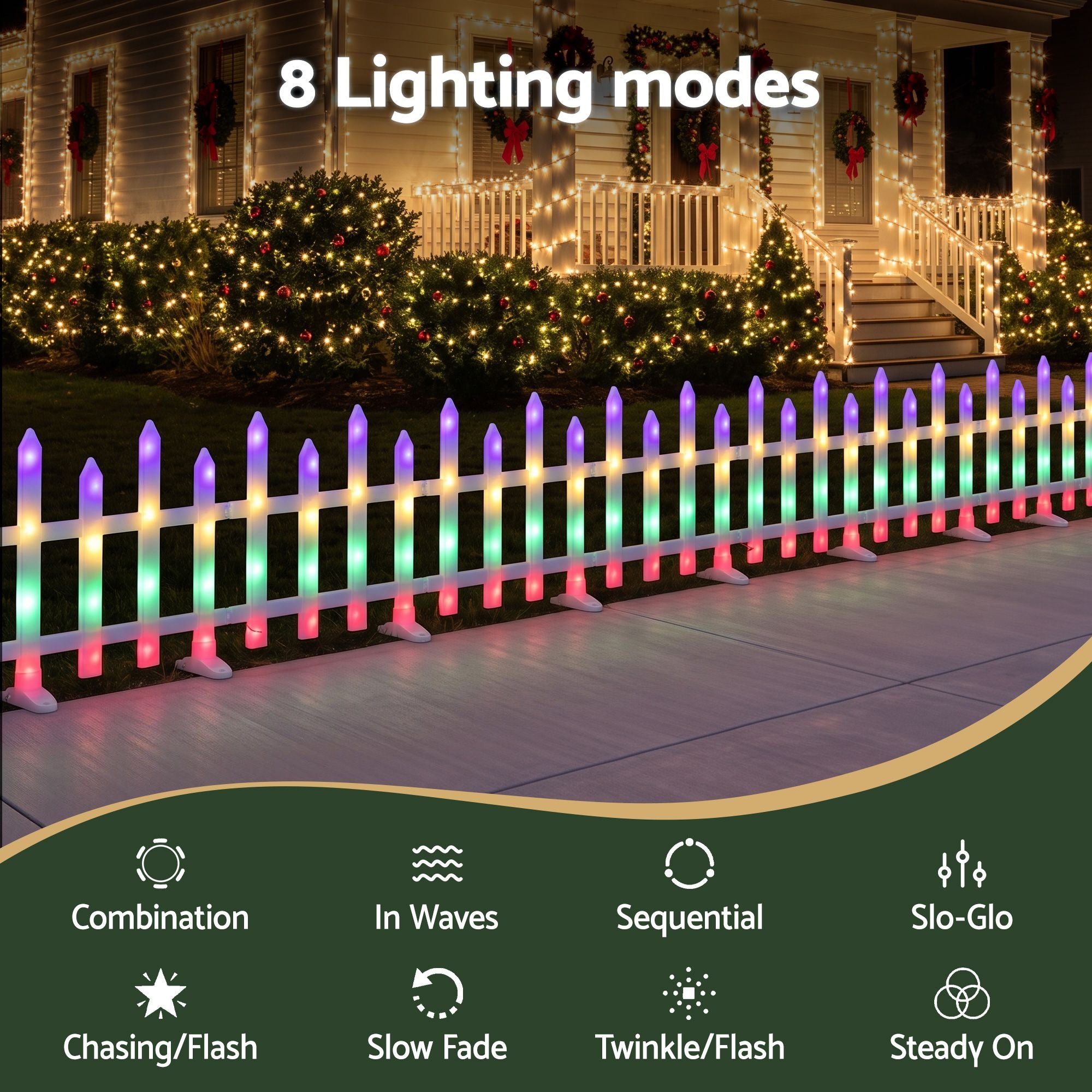 3M Solar Christmas Fence Lights with 128 Multicolour LED – 8 Pack