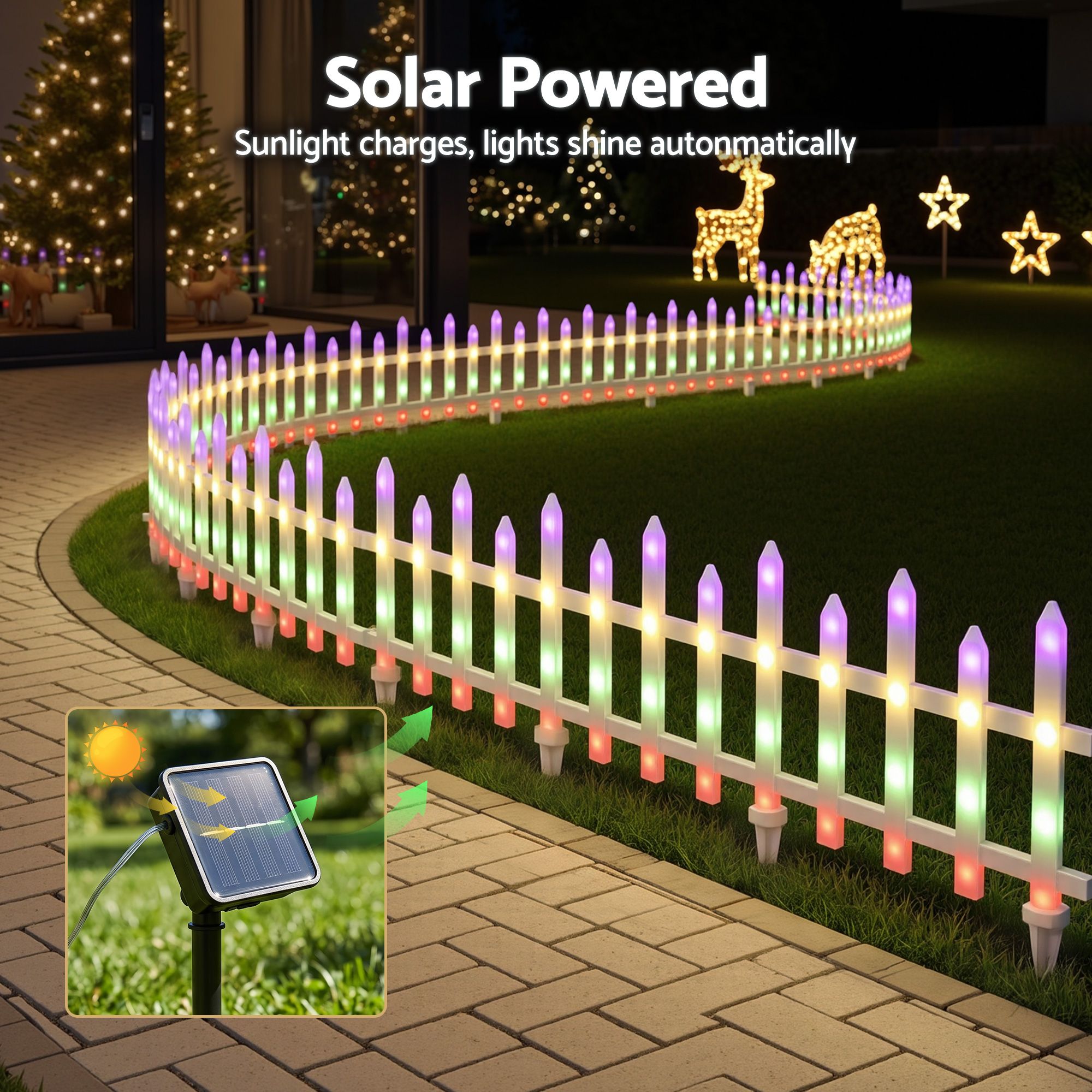3M Solar Christmas Fence Lights with 128 Multicolour LED – 8 Pack