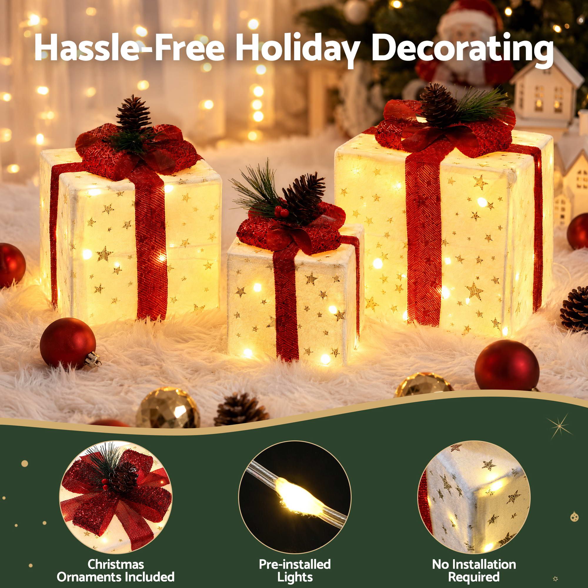 28CM Lighted Christmas Gift Box Set with 48 LED – 3 Pack