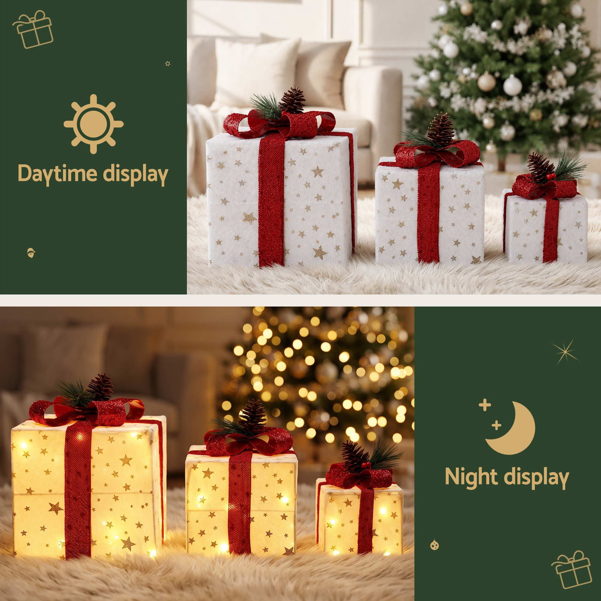 28CM Lighted Christmas Gift Box Set with 48 LED – 3 Pack