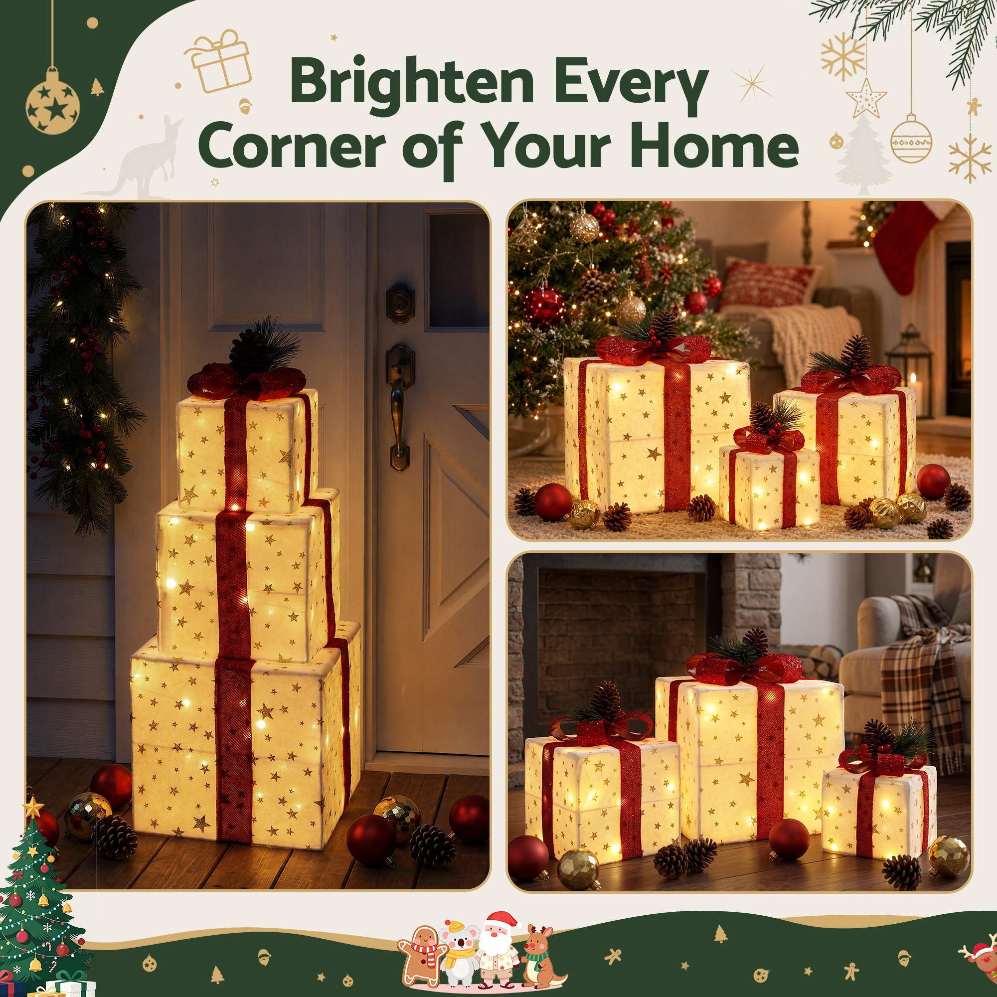 28CM Lighted Christmas Gift Box Set with 48 LED – 3 Pack
