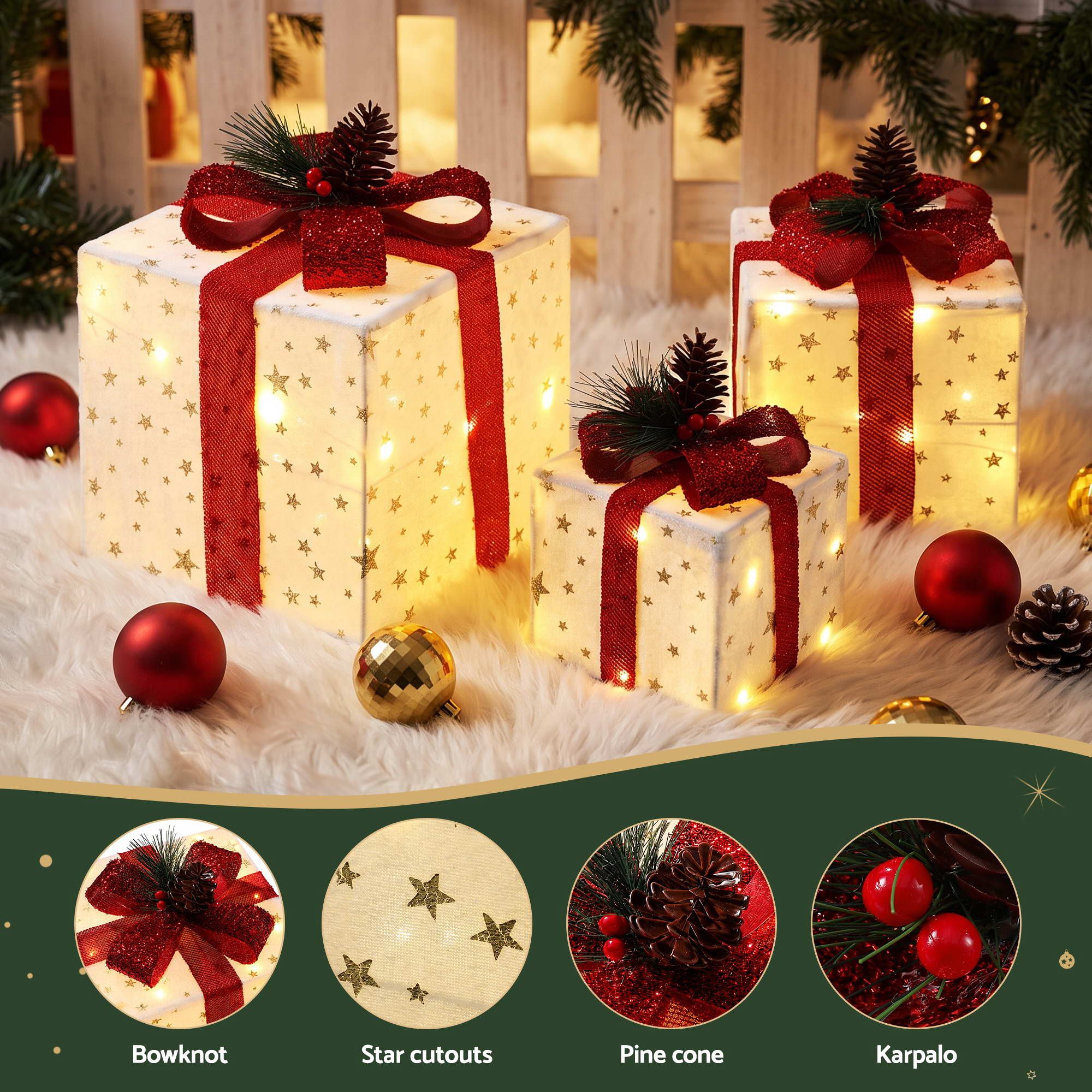 28CM Lighted Christmas Gift Box Set with 48 LED – 3 Pack