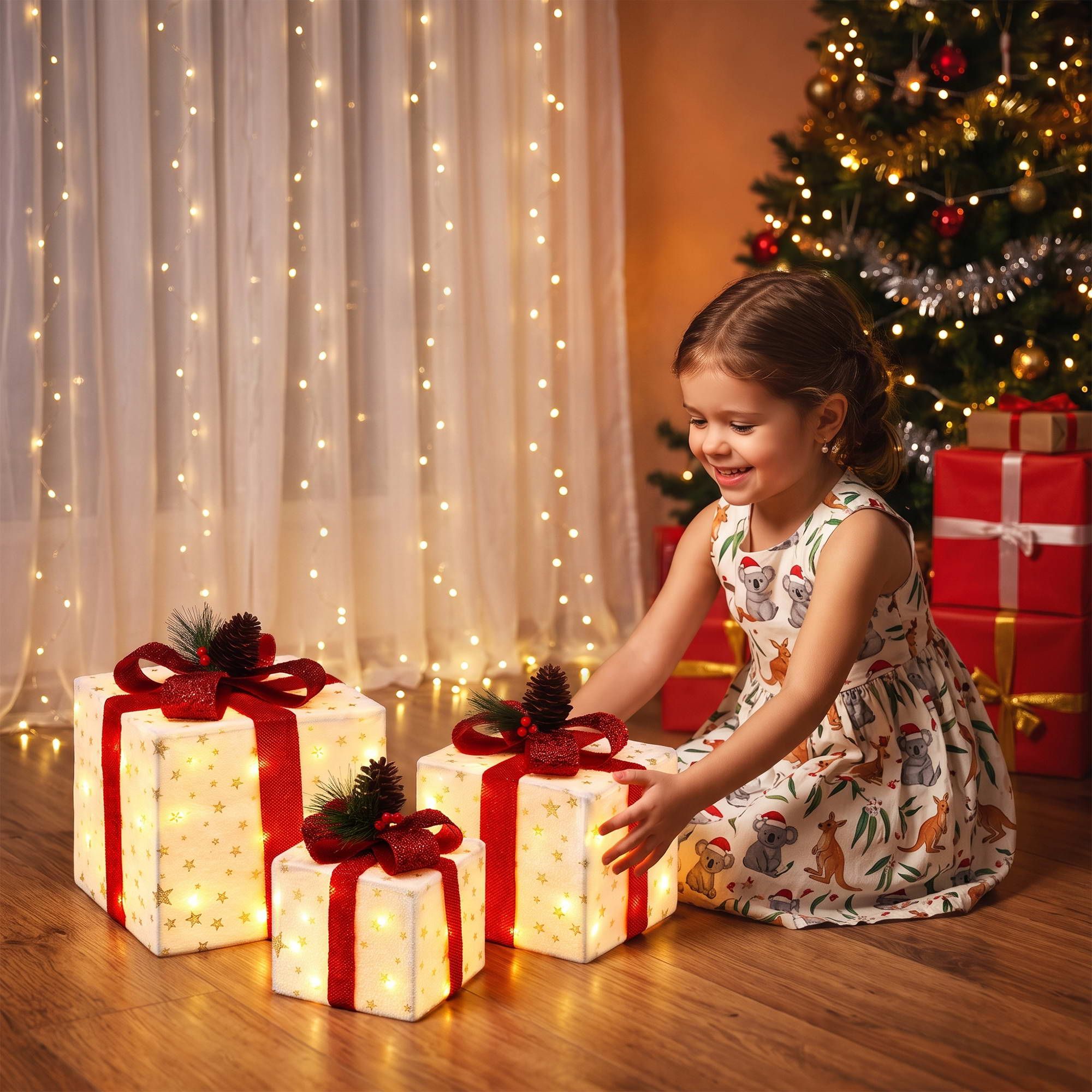 28CM Lighted Christmas Gift Box Set with 48 LED – 3 Pack