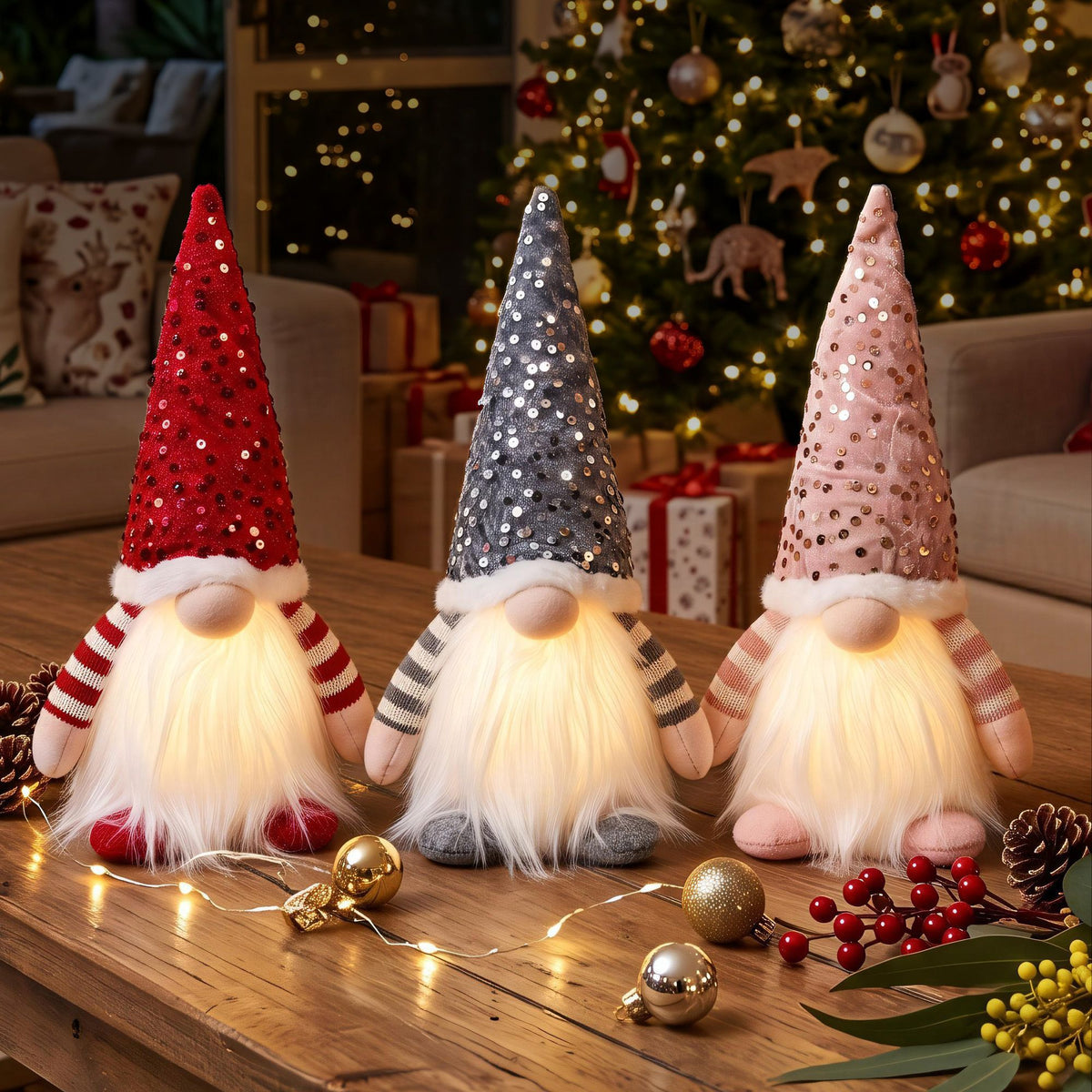 30CM Light-Up Christmas Gnomes 3 Pack with Warm White LED Lights