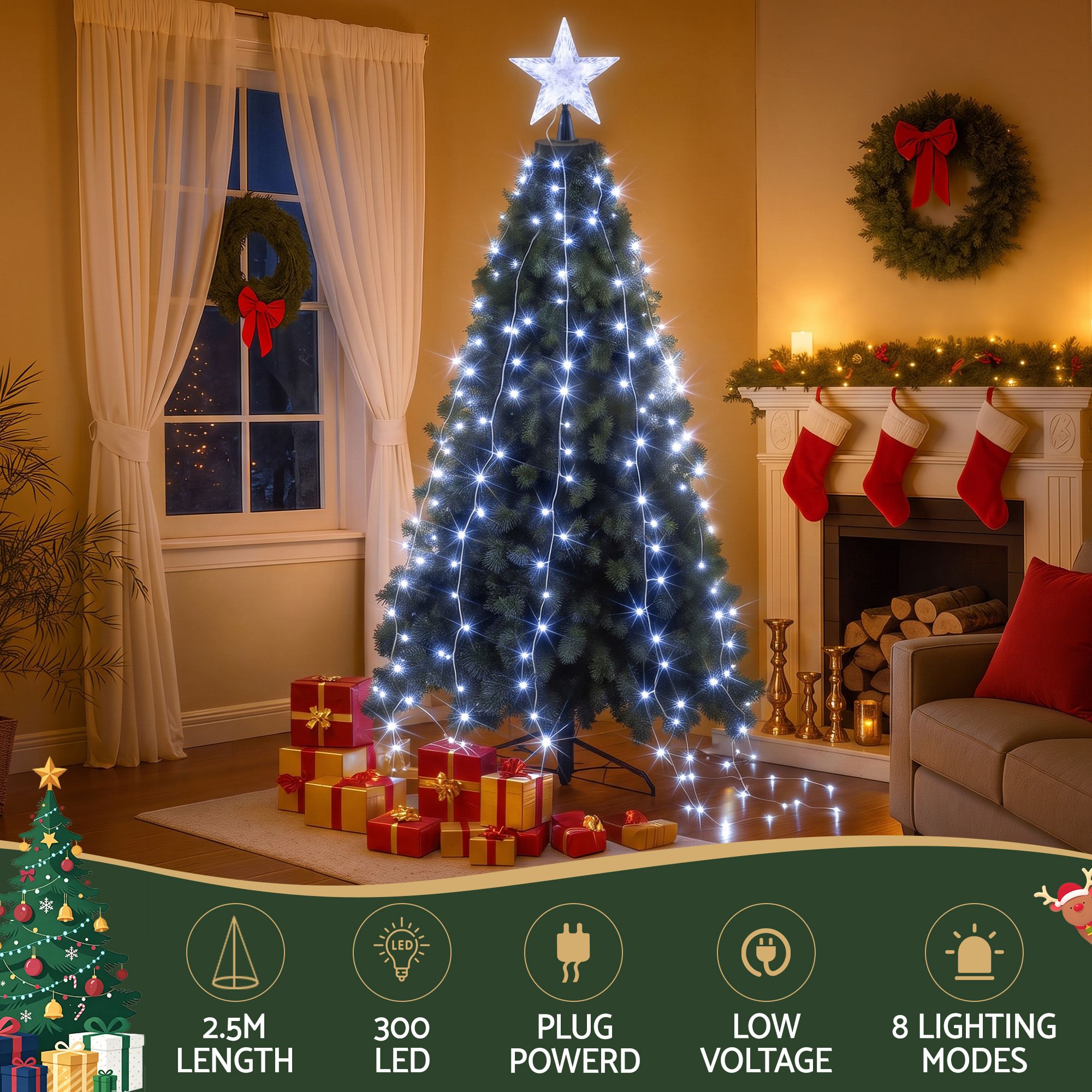 2.5M Christmas Waterfall Lights with Star Topper & 300 LED