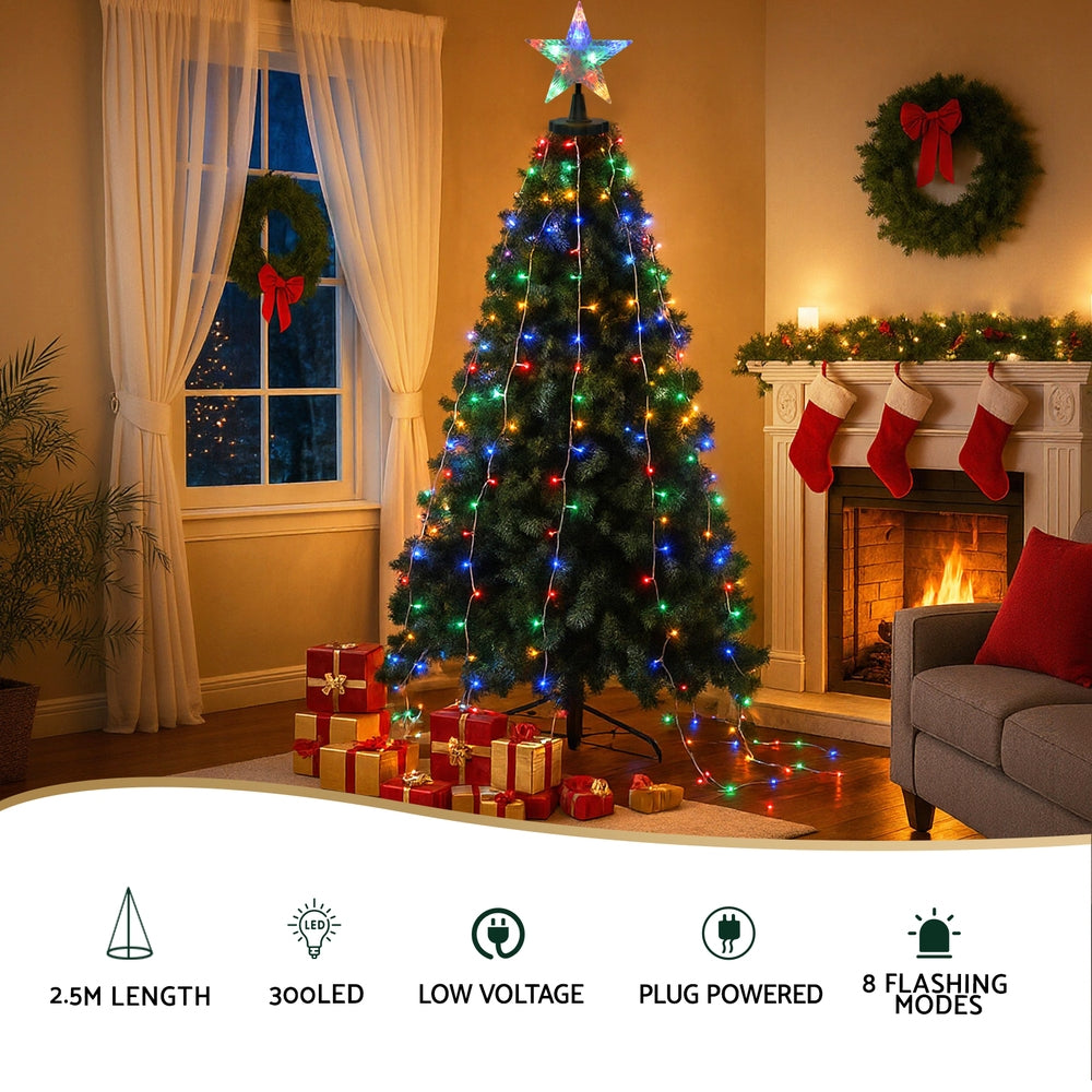 2.5M Christmas Waterfall Lights – 300 LED Multi Colour Star Topper
