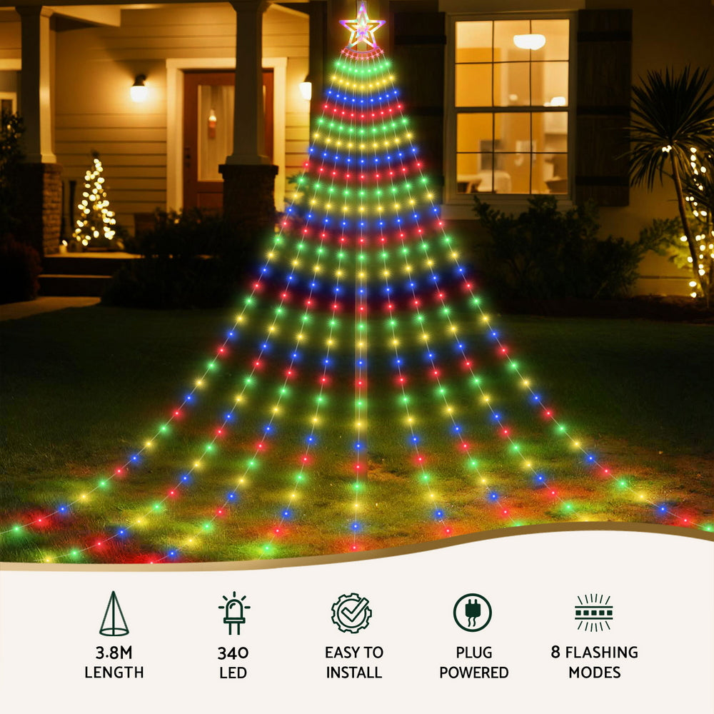 3.8M Christmas Waterfall Lights with Star Topper 340 Multi-Coloured LED