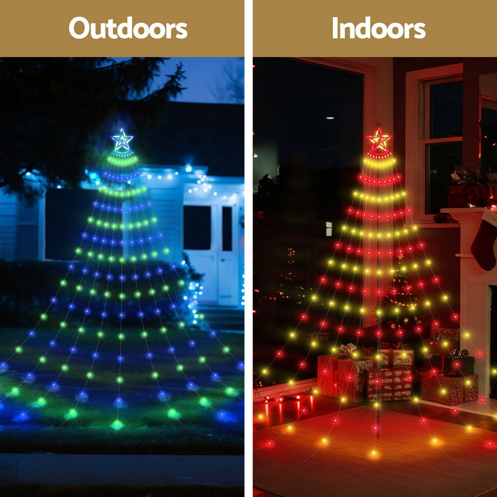 3.8M Christmas Waterfall Lights with Star Topper 340 Multi-Coloured LED