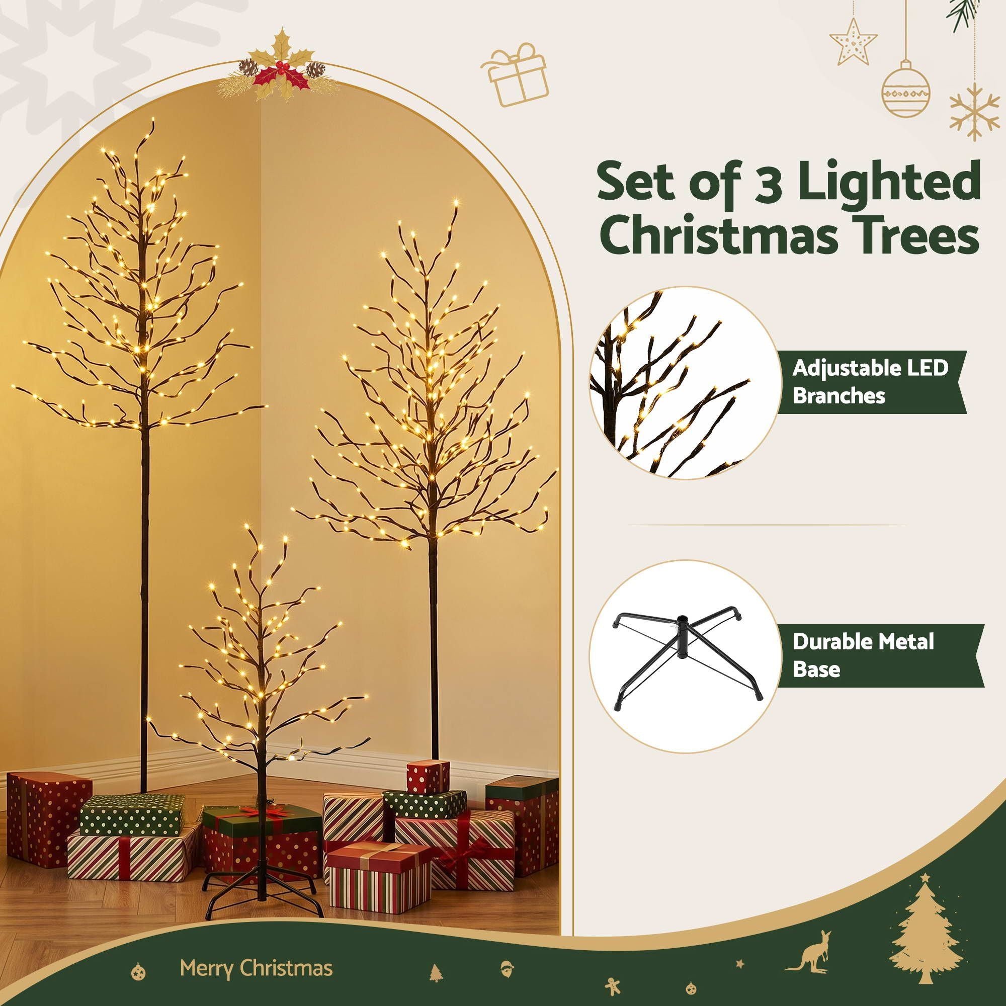 LED Birch Christmas Tree Set - Warm White (3 Pack)