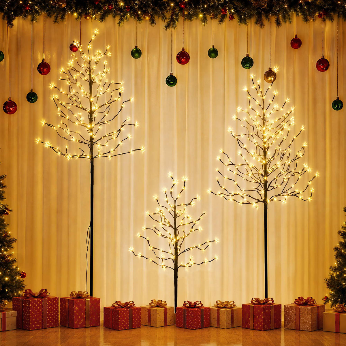 LED Birch Christmas Tree Set - Warm White (3 Pack)