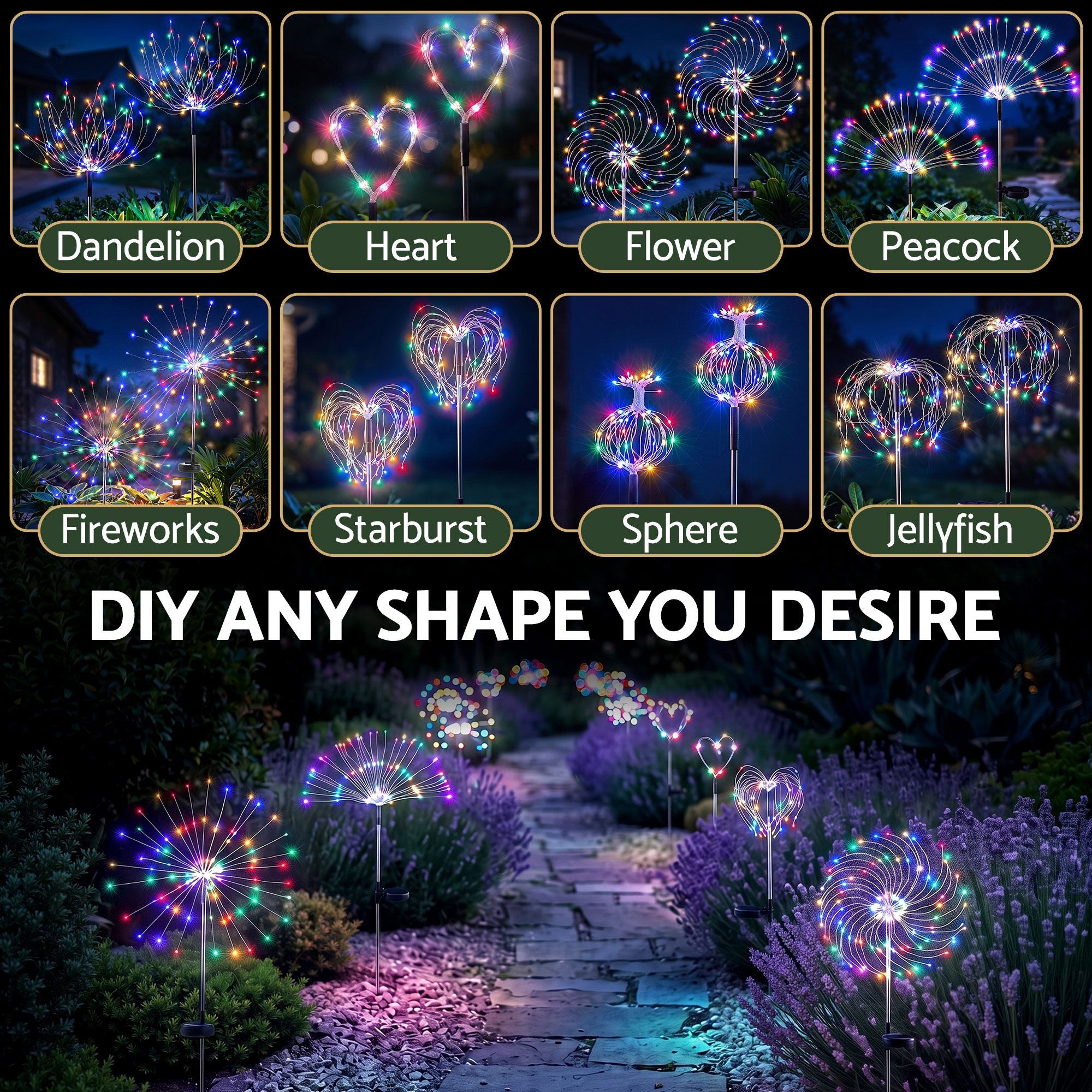 Solar Firework Path Lights 4 Pack with 480 Multi-Colour LED Lights