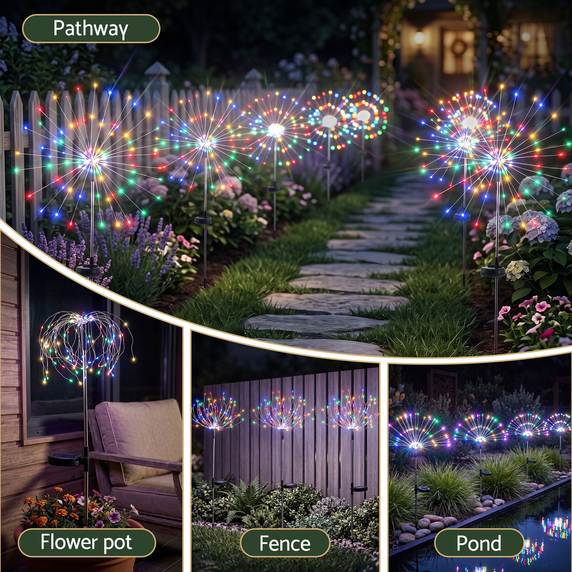 Solar Firework Path Lights 4 Pack with 480 Multi-Colour LED Lights