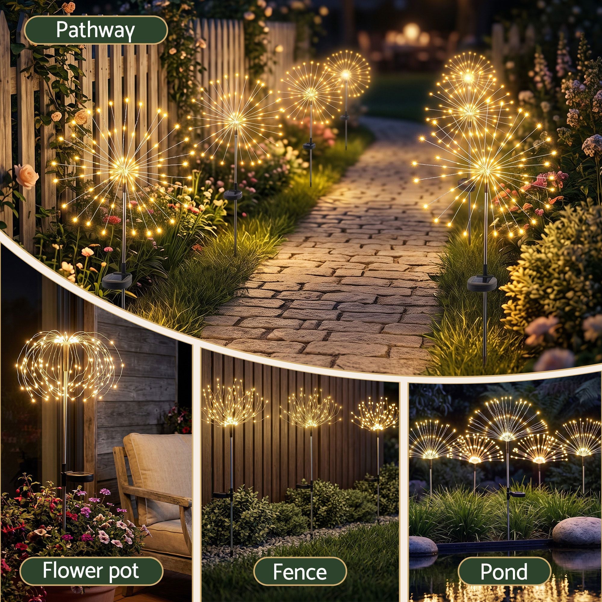 4 Pack Solar Firework Pathway Lights – 480 Warm White LEDs