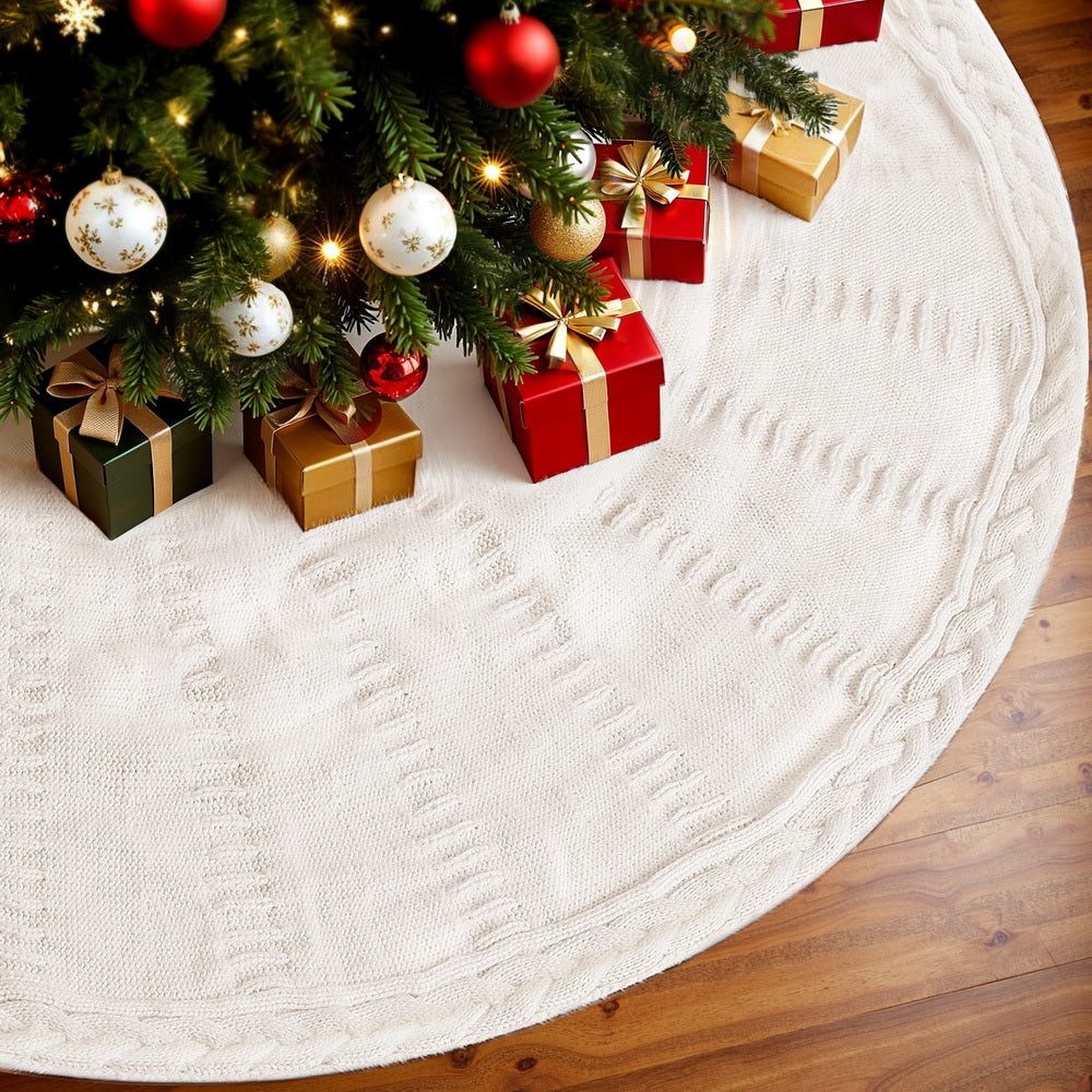 90CM Christmas Tree Skirt – Beige Knitted